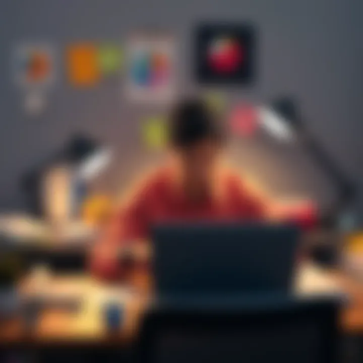 A person sitting at a desk, focused on a laptop screen, surrounded by distractions like notes and a phone, illustrating the experience of managing ADHD while using Claude for various tasks.