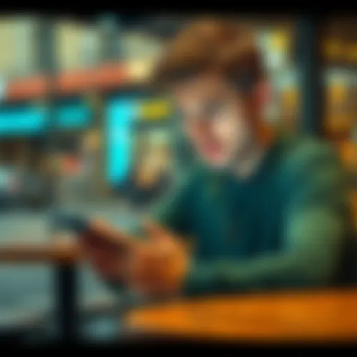 A Polish person checking their Revolut banking app while sitting at a cafe, looking concerned about data safety.