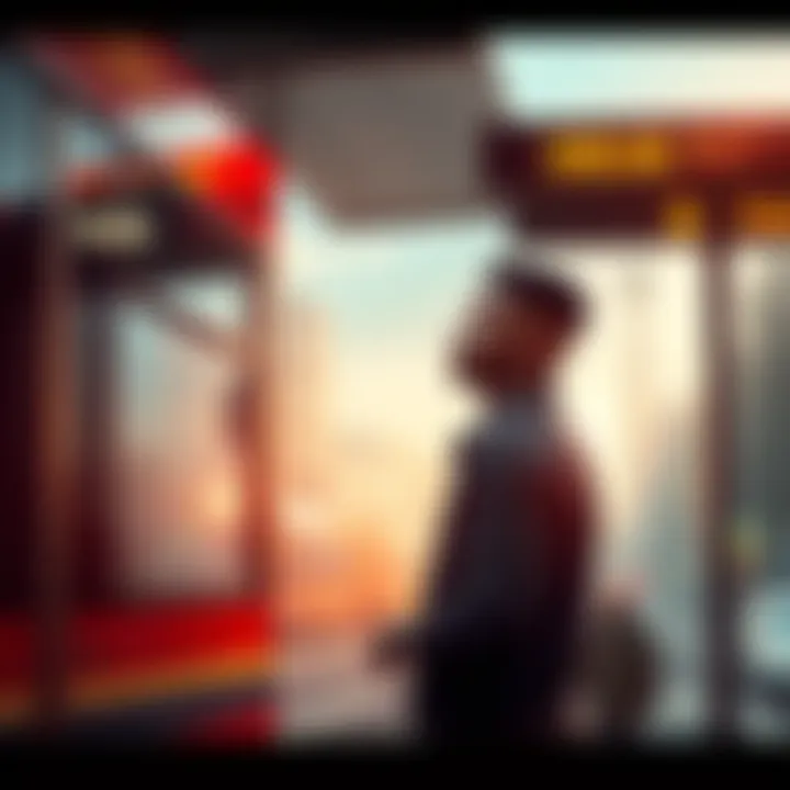 A determined individual standing at a bus stop, looking focused and ready to embark on a journey, symbolizing persistence and opportunity.