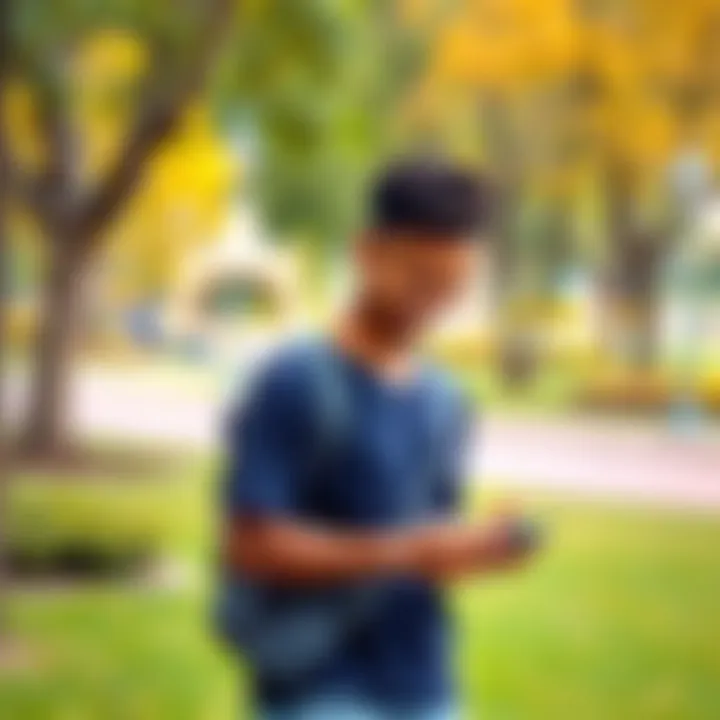 A person walking in a park, looking at their phone with a smile, symbolizing earning rewards through the Sweetcoin app.