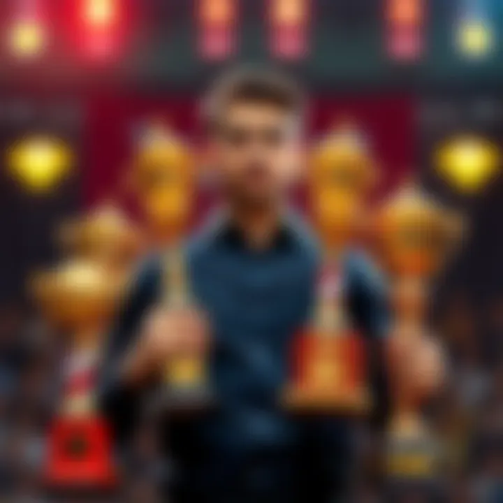 Person with multiple awards A person stands proudly with five trophies, showcasing repeated success in rankings, with a curious expression as if pondering the situation.