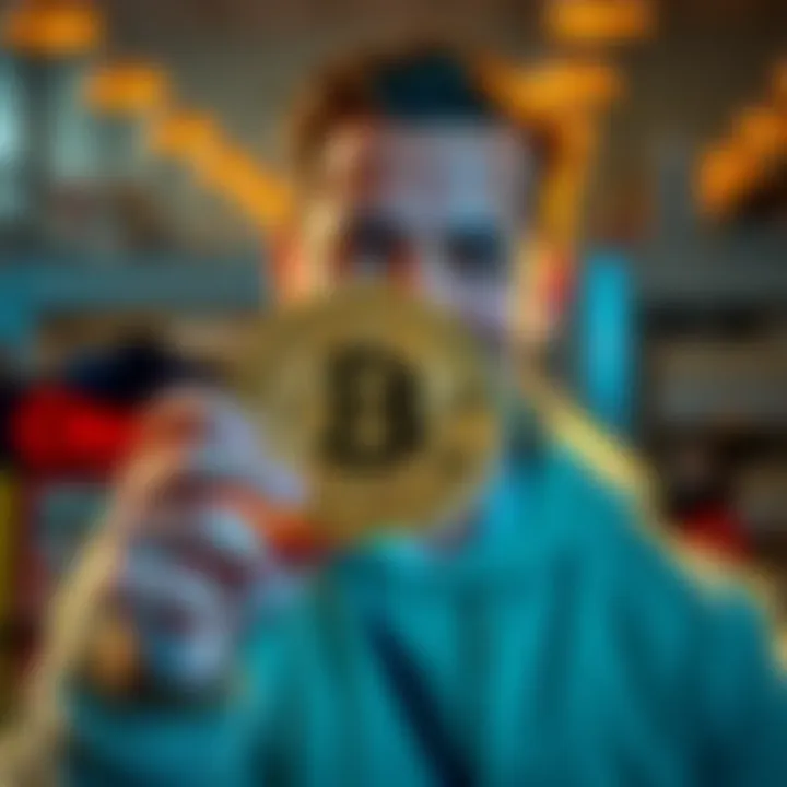 A person smiling while holding a Bitcoin symbol, representing their ownership of cryptocurrency.
