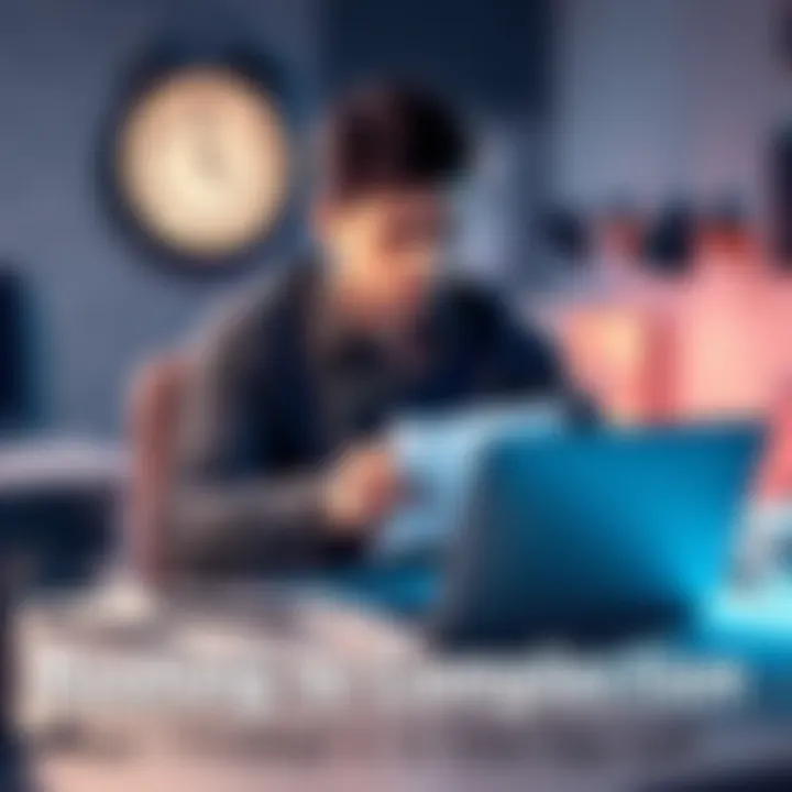 A focused individual sitting at a desk surrounded by notes and a laptop, racing to finish a project before the deadline