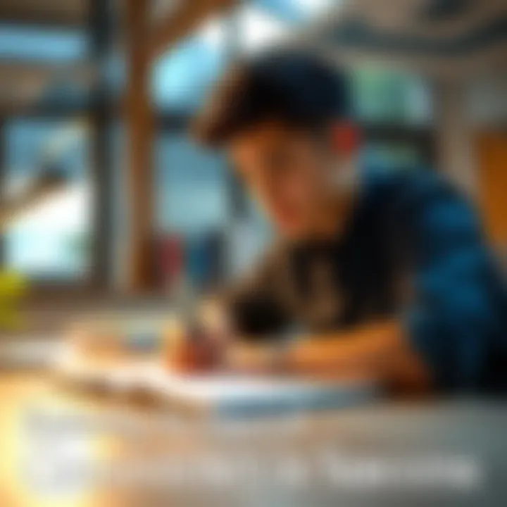 A person sitting at a desk, writing in a notebook with a focused expression, representing consistency in efforts towards success.