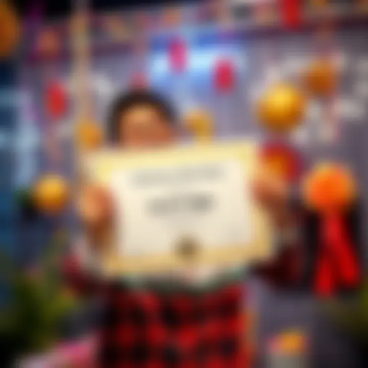 A person proudly holding a certificate symbolizing their entry into a milestone club, with a bright smile and a backdrop of celebratory decorations.