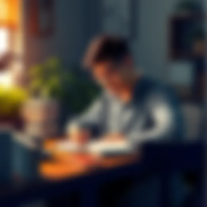 A person sits at a desk, writing in a journal with a focused expression, surrounded by plants and books to symbolize personal growth