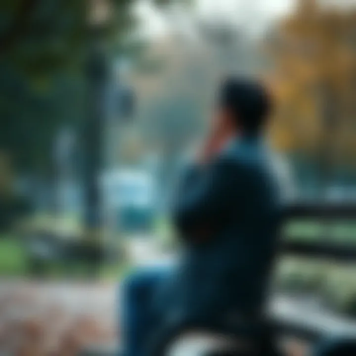 Personal Journey in Life A person reflecting on their life experiences and challenges while sitting on a park bench surrounded by trees and a calm atmosphere.