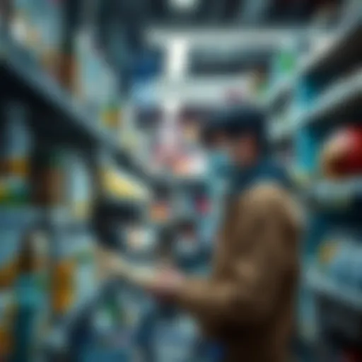 Person selecting pet supplies for a corn snake, including disinfectants and lights
