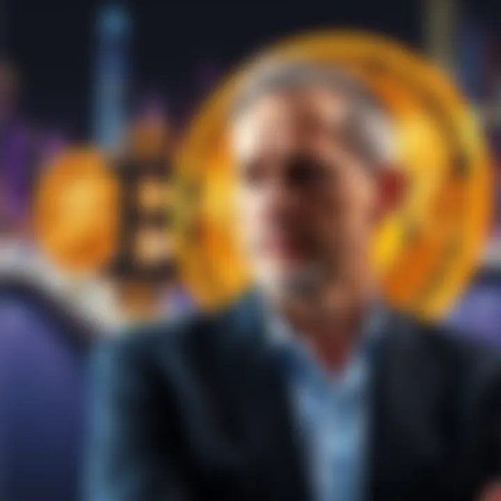 Peter Thiel standing next to a Bitcoin symbol, contemplating the connection between himself and Satoshi Nakamoto.