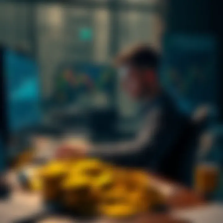 A man sitting at a computer with Bitcoin charts on the screen, surrounded by coins and financial documents.
