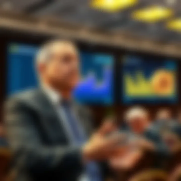 Peter Schiff speaking about Bitcoin in a conference setting in 2013, with a chart showing Bitcoin's growth on a screen behind him