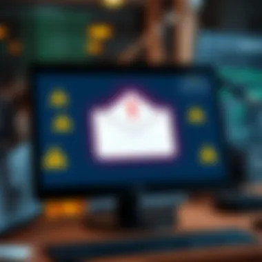 A computer screen displaying a suspicious email that looks like a Trust Wallet alert, with warning signs around it.