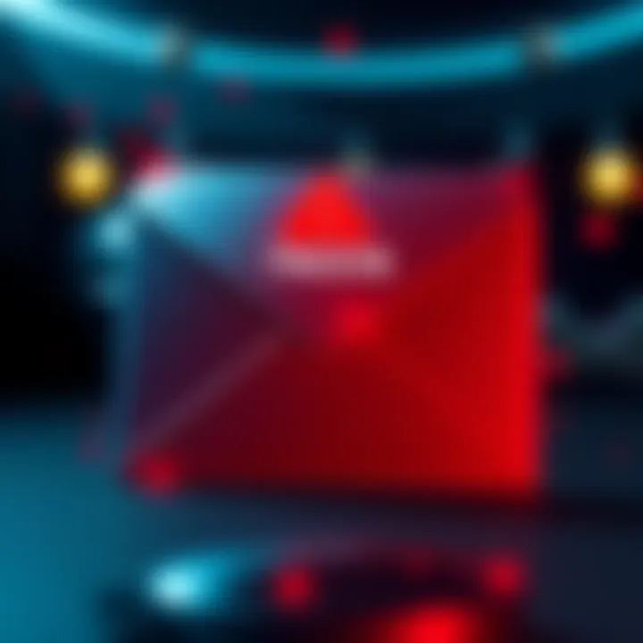 A warning graphic showing a phishing email design with a Trezor logo, indicating a scam attempt. The email has a red alert symbol to emphasize urgency.