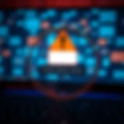 A warning sign indicating phishing emails with a background of a computer and email icons