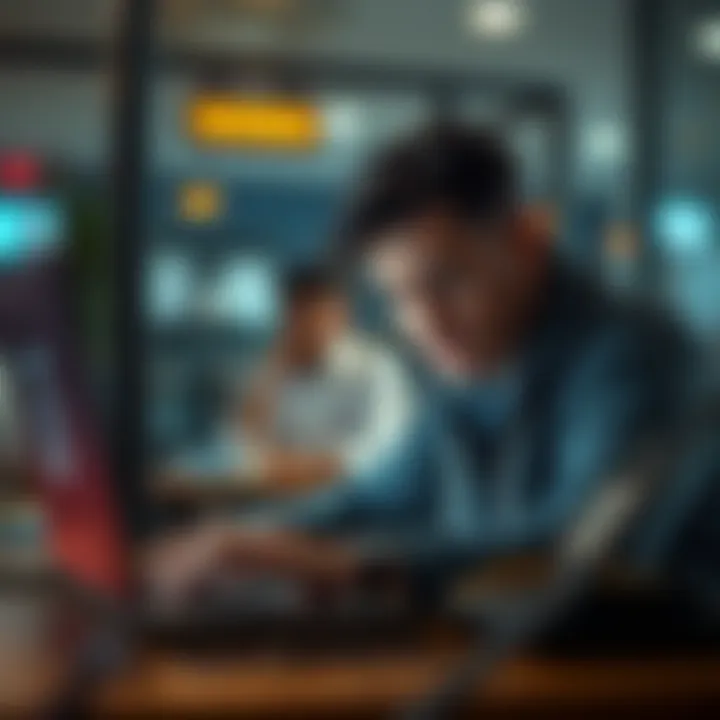 A person looking concerned while checking their email on a laptop, with a warning symbol displayed on the screen