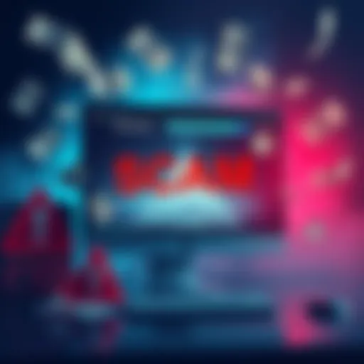 A graphic showing a computer screen displaying a fake crypto website, with warning signs and dollar bills around it, representing the Eleven Drainer scam.