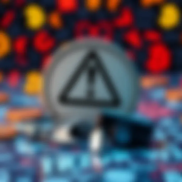 A warning sign against phishing scams with a background of digital currency symbols and a broken Trezor device