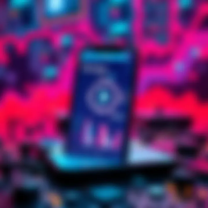 A smartphone displaying mining software with digital graphics representing blockchain technology in the background.