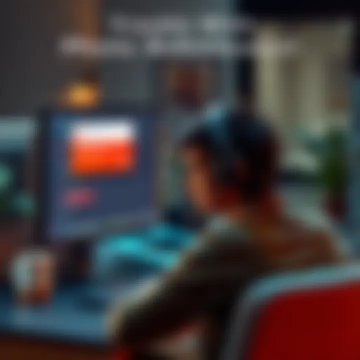 A frustrated person sitting at a computer trying to upload a photo for an order, with a notification on the screen indicating an error.