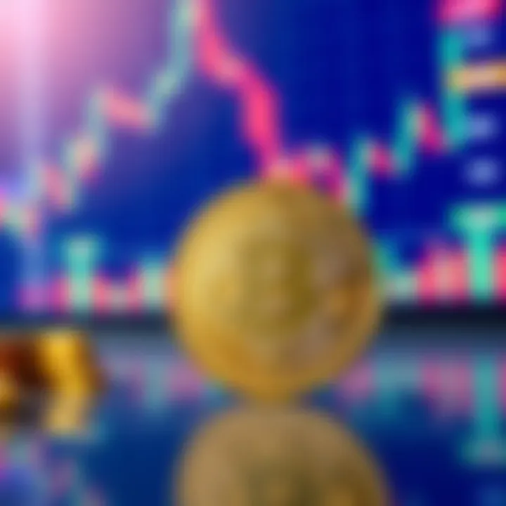 A shiny Physical Bitcoin coin sitting on a table with a blurred background of a cryptocurrency market chart.