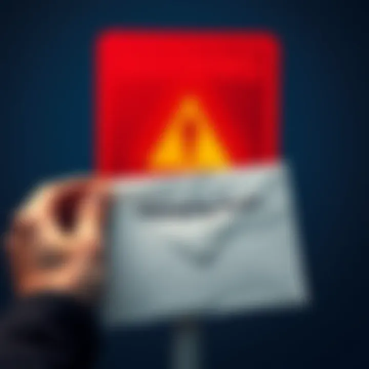 A person holding a suspicious piece of mail with a warning sign in the background, indicating a phishing scam.