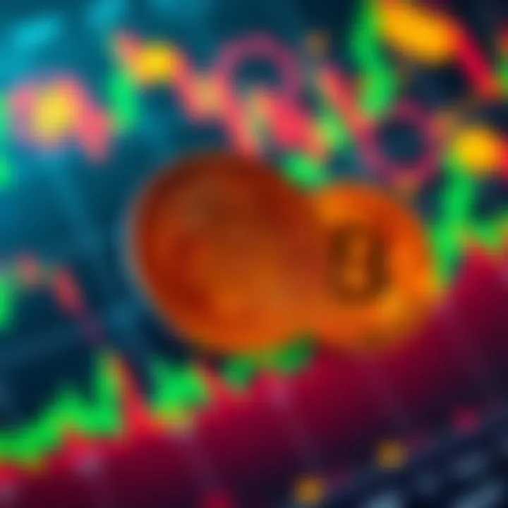 Pi Coins on a Trading Chart A chart showing the price trends of Pi coins with green and red lines, and cryptocurrency symbols in the background.