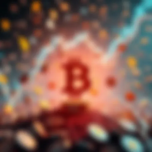 A digital representation of the Pi cryptocurrency logo standing strong amidst falling cryptocurrency symbols, symbolizing stability during market decline.