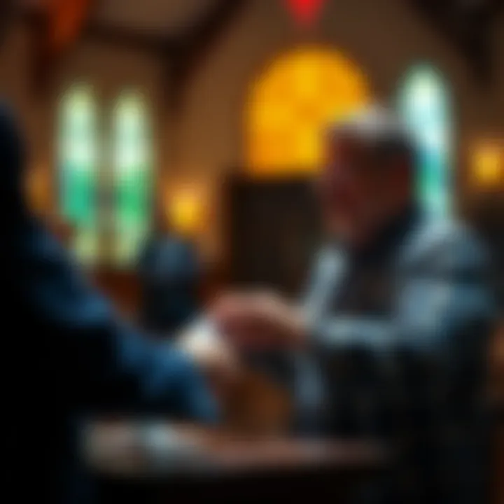 A person making a donation to a church using Pi Network, with church leaders discussing the donation process in the background