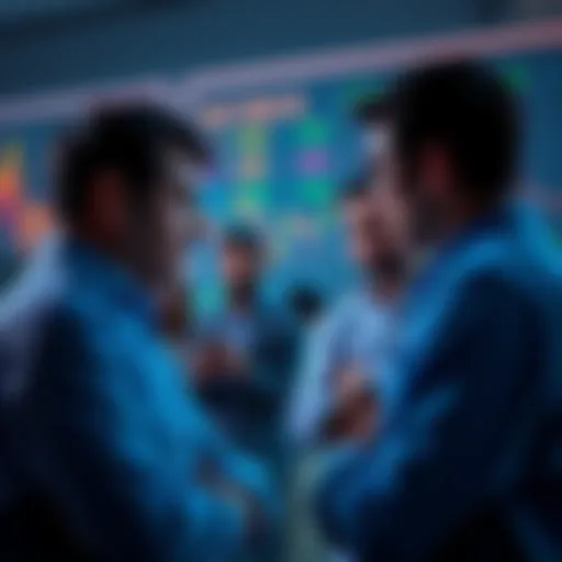 Group of people in conversation with charts and graphs showing declining prices, focused on Pi Network's second migration
