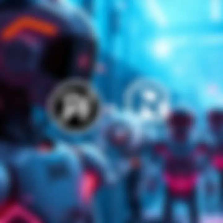 A digital illustration of Pi Network's logo alongside RoboPay's logo, with a backdrop of humanoid robots and automated services, symbolizing payment for robot services.