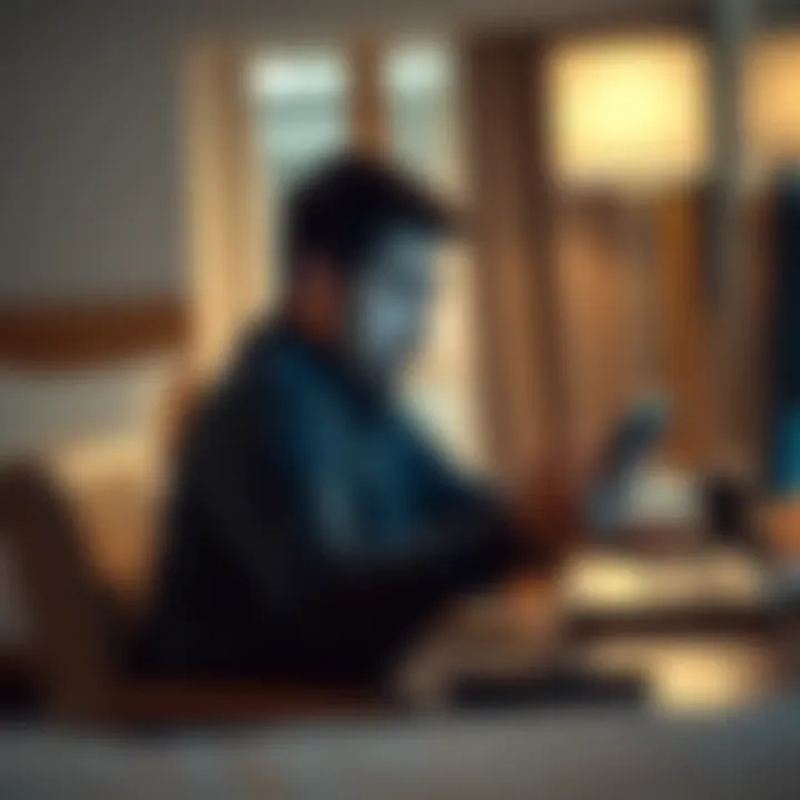 A person sitting at a hotel desk using a Pico device, looking frustrated while trying to connect to a captive portal.
