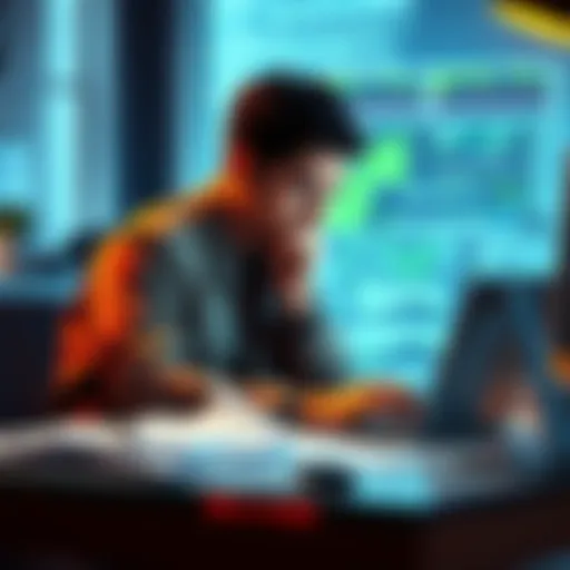 A Pioneer looking concerned while viewing the Pi network on a laptop, with papers and a phone scattered on the desk reflecting frustrations about the project.