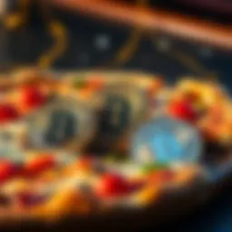 A delicious pizza beside Bitcoin coins, symbolizing the historic trade that started Bitcoin Pizza Day.