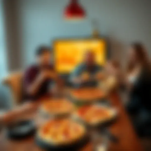 A group of friends enjoying homemade pizza together at a dining table, smiling and sharing slices.