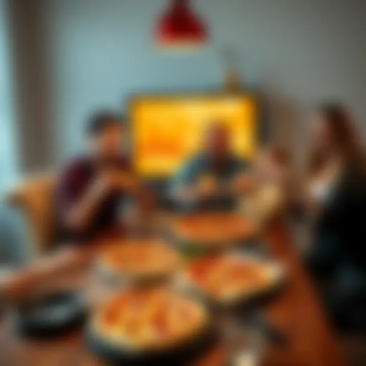A group of friends enjoying homemade pizza together at a dining table, smiling and sharing slices.