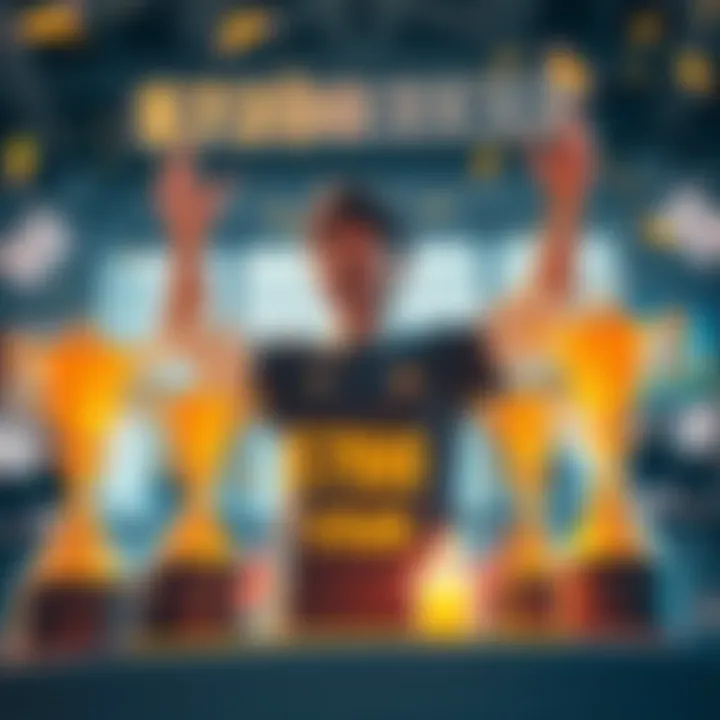 A joyful player celebrating their achievement in a free-to-play game, surrounded by virtual parcels and trophies representing mayorships.