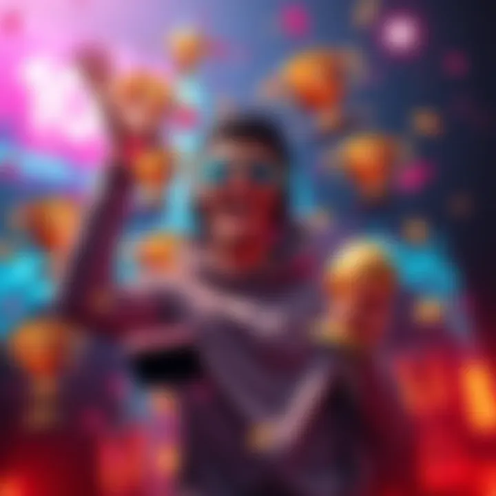 Player Celebrates Gaming Milestone A gamer joyfully celebrates reaching a major milestone in their gaming journey, surrounded by virtual trophies and achievements.