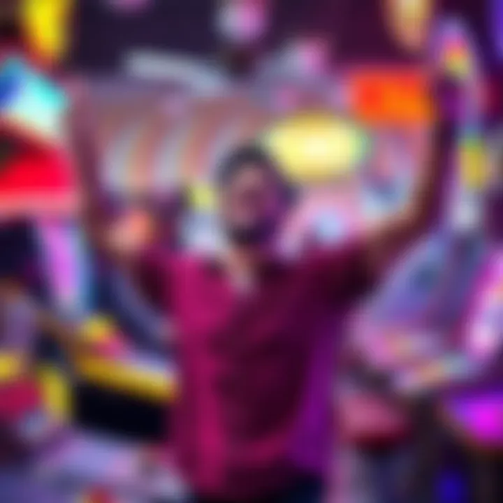 A joyful player celebrating a big win at an arcade game, surrounded by bright lights and colorful machines