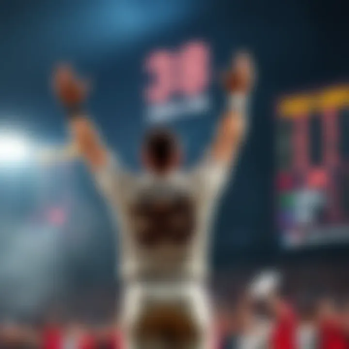 A player stands with arms raised in victory after winning multiple games, showing joy and determination, while a scoreboard in the background shows the number of games won.