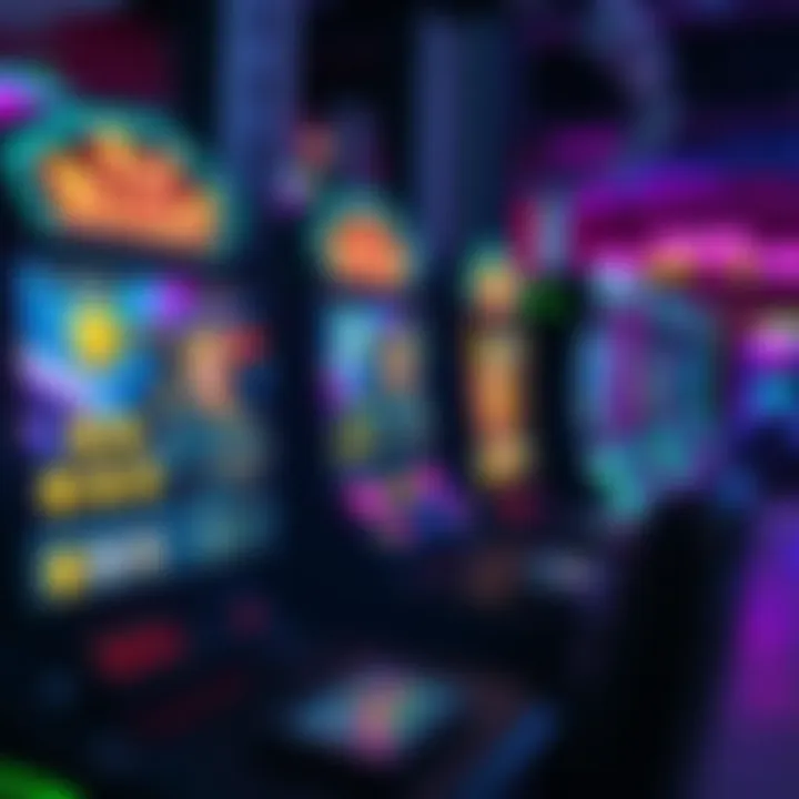 A person looking at a computer screen showing arcade game rewards and achievements in a gaming setting.