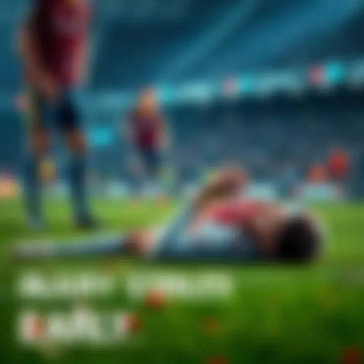 A soccer player lies on the ground in pain after getting injured during a match, with teammates looking concerned around him.