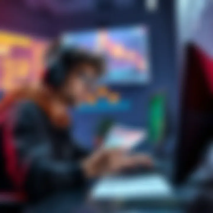 A gamer studying charts and resources to determine break even points in a virtual game environment