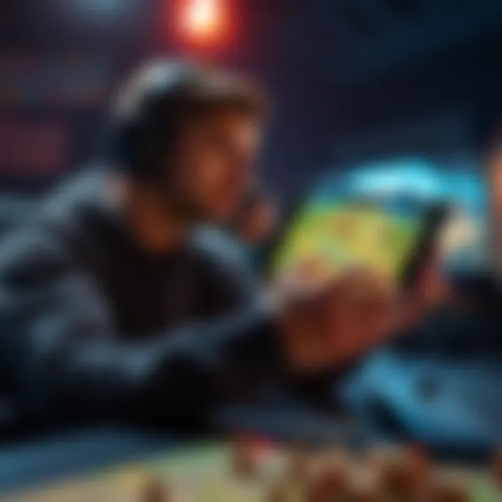 A gamer examines two different land acquisition strategies on a digital tablet, debating between traditional and new approaches in a gaming environment