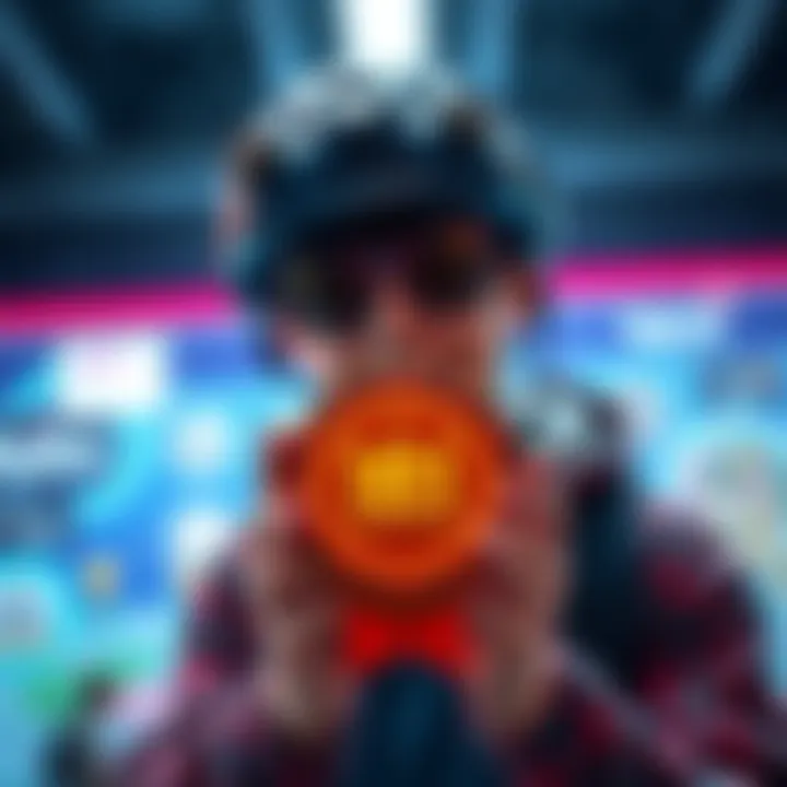 A player holding a virtual badge with a game background, looking determined and excited about earning more badges.