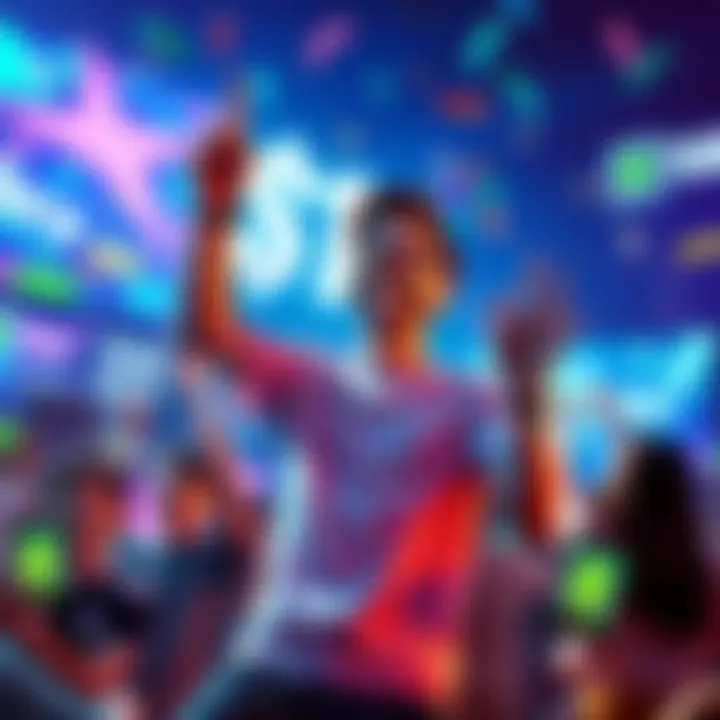 Player Celebrates $1 Milestone A happy player celebrating reaching a $1 milestone in gaming, surrounded by colorful graphics and a cheering virtual community.