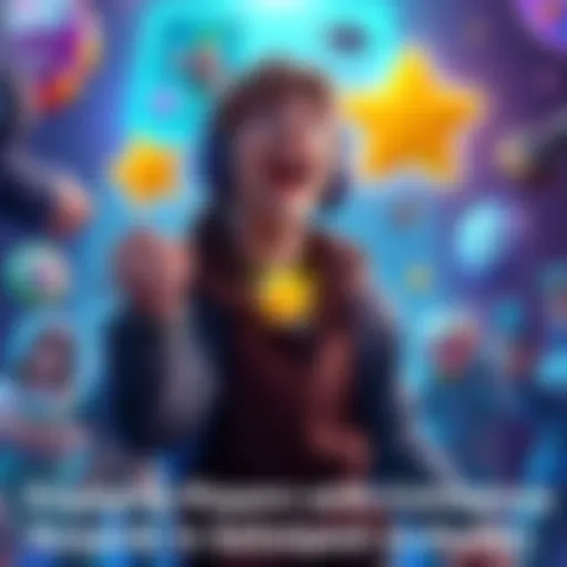 A gamer excitedly receiving a reward after completing a challenge, surrounded by game graphics and badges