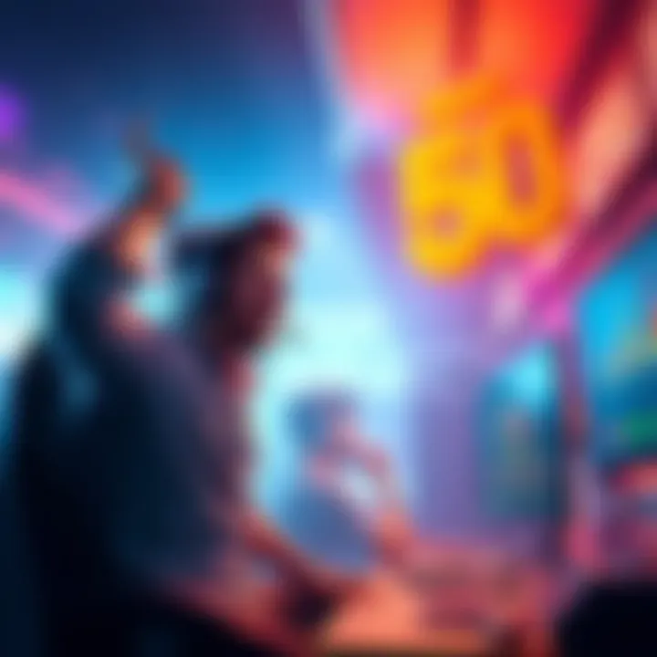 A gamer excitedly celebrates reaching their first significant gaming milestone in a vibrant gaming environment.
