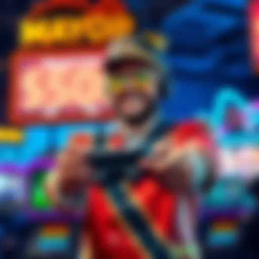 A happy player dressed as a Mayor, holding a game controller with a scoreboard showing '$500'. Bright colors and gaming graphics in the background.