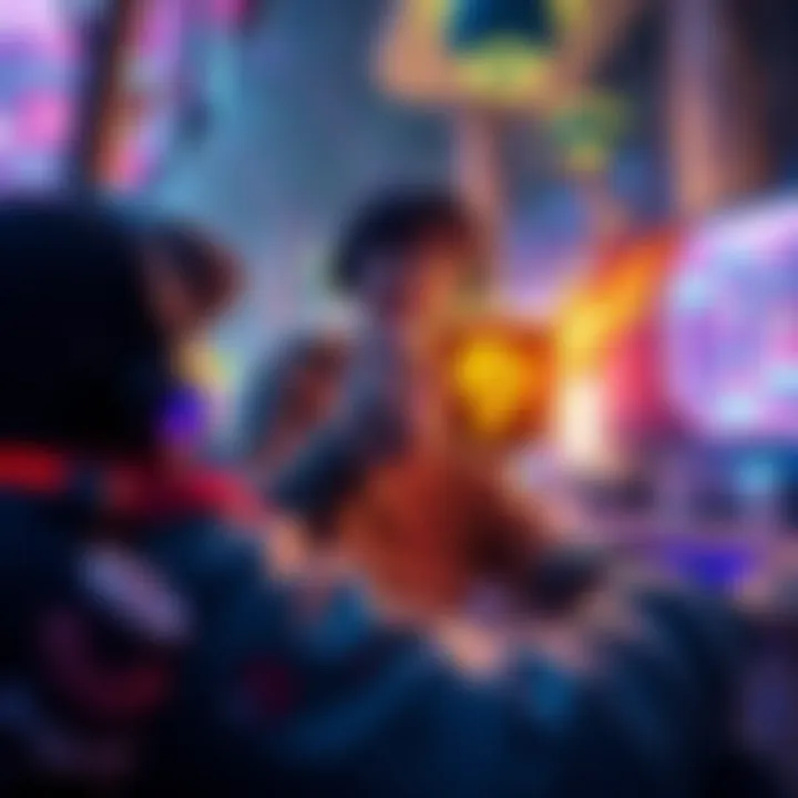 A gamer excitedly holding a Legendary item in a virtual game, surrounded by colorful graphics and trees