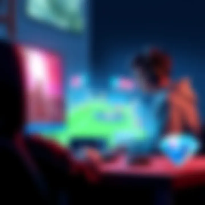 A gamer sits at their computer, looking frustrated after missing a diamond in a game. The screen shows a game scene with bright colors and a diamond icon nearby.